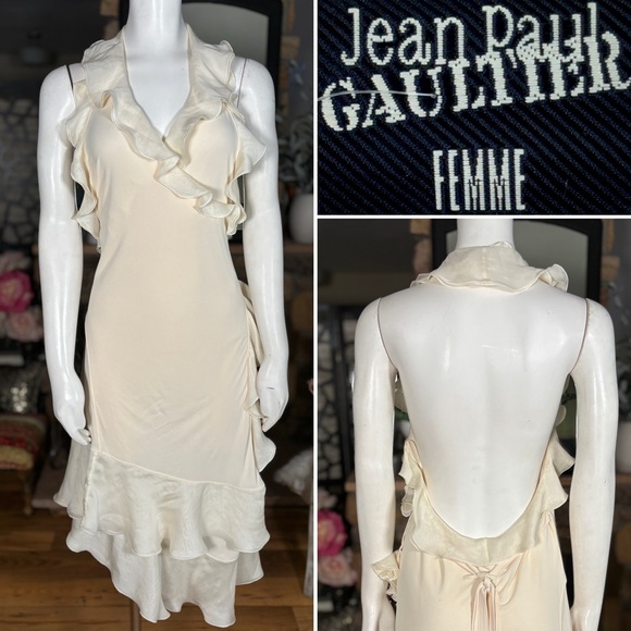 Jean Paul Gaultier Dresses & Skirts - Jean Paul Gaultier Cream Silk & Rayon Backless Ruffle Halter Wrap Dress, Sz L